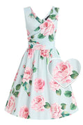 50er Jahre Swingkleid May V-Neck Dress in Babyblau mit Rosenprint