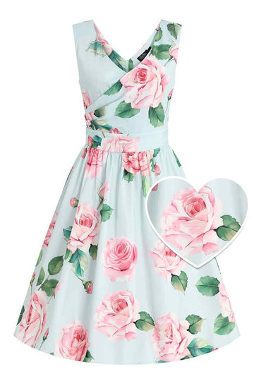 50er Jahre Swingkleid May V-Neck Dress in Babyblau mit Rosenprint