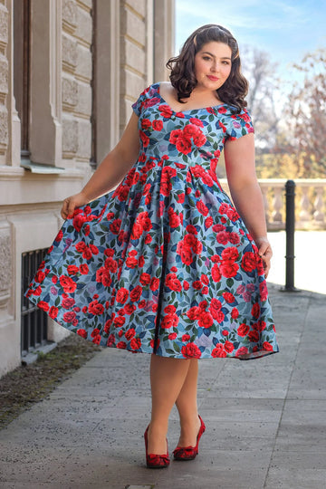 50er Jahre Swingkleid Blau Rote Pfingstrosen | Lily Peony Dress