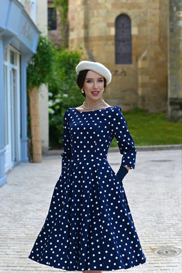 blakely dress 50er jahre kleid mit polka dots in marineblau